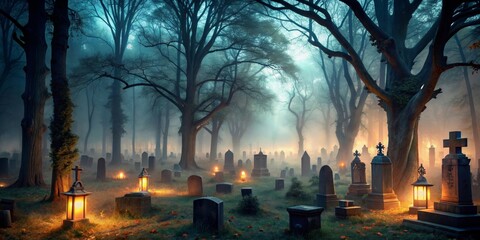 Wall Mural - Creepy cemetery amongst trees with misty atmosphere at night, cemetery, graveyard, forest, spooky, eerie, mist, darkness