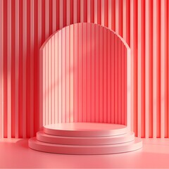 Pink podium with steps and arch backdrop in modern minimalist room. Ideal for product display, presentation, and abstract backgrounds.