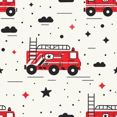 Wall Mural - A whimsical line drawing of a toy fire truck, with sirens blaring and ladders extended, inspiring heroic rescue missions in children's play. Minimal pattern banner wallpaper, simple background,