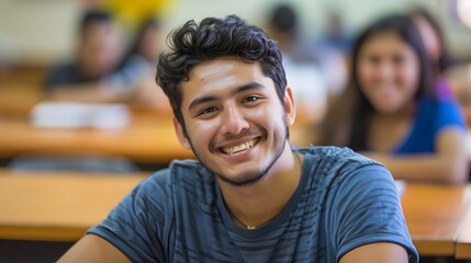 Wall Mural - Latino male college student sitting a classroom smiling, student study in class, with copy space