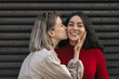 © PEDROMERINO - girl friends kissing on the cheek. Blonde and brunette