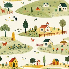 A charming illustration of a toy farm set, with barns, fences, and animal figurines, encouraging children to learn about farm life through play. Minimal pattern banner wallpaper, simple background,