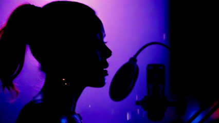 woman singing, singer, microphone, mic, silhouette, purple, lilac, sparkles, glitter, studio, sound,