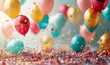 © Chroma Visions - 10th birthday or anniversary balloons and confetti decoration for surprise parties event setup as wide banner with copy space area - Generative AI