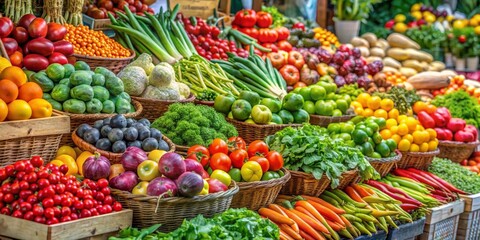 Wall Mural - Variety of colorful fruits and vegetables on display at a farmers market , fresh, organic, healthy, produce, market, vibrant