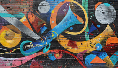 Wall Mural - Colorful Abstract Graffiti Mural on Brick Wall in Urban Setting