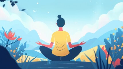 Wall Mural - A woman in a yellow shirt sits in a meditative pose in a peaceful natural setting. The background features a blue sky, fluffy clouds, and rolling hills.