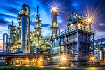 Wall Mural - Modern industrial plant with glowing lights in the background, oil refinery, petrochemical