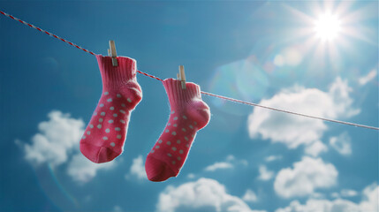 Wall Mural - Colorful socks  drying on a clothesline against blue sky at sunny day