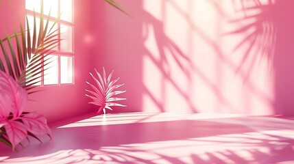 Wall Mural - A pink room with a plant and a window. Pink studio background for product presentation