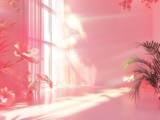 Wall Mural - A pink room with a plant and a window. Pink studio background for product presentation