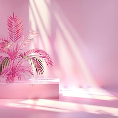 Wall Mural - A pink room with a plant and a window. Pink studio background for product presentation