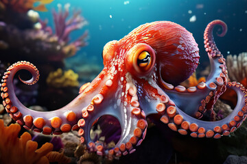 Wall Mural - Octopus in vibrant colors on a coral reef.