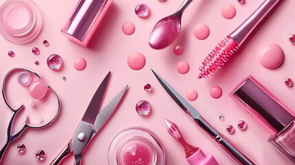 Wall Mural - Sleek Minimalistic Manicure Shop Background with Flying Nail Files and Gel Polish, Scissors, and Flashy Website Design Elements