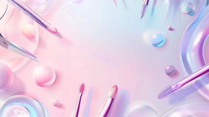 Wall Mural - Bright and Minimalistic Manicure Shop Background with Flying Nail Files, Gel Polish, Scissors, and Flashes for Website Design