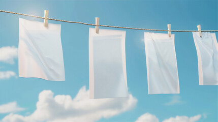 Wall Mural - Blank paper drying on a clothesline against blue sky, photo ore quote mock up.