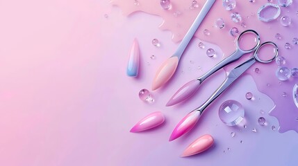 Wall Mural - Elegant Minimalistic Background for Manicure Shop with Flying Nail Files, Gel Polish, Scissors, and Flashes Website Design Concept