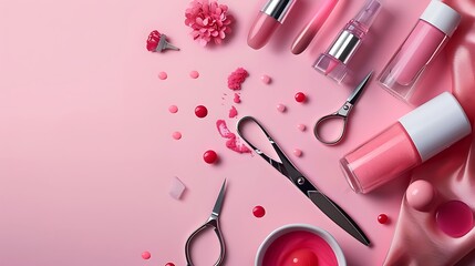 Wall Mural - Sleek Minimalistic Background for Manicure Shop Featuring Flying Nail Files, Gel Polish, Scissors, and Flashes Website