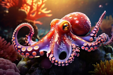 Octopus in vibrant colors on a coral reef.