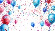 © reels - Festive red, white, and blue balloons and confetti floating in celebration on a white background. Perfect for celebrations and festive events.