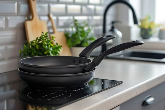 A pan on a stove on a pale background of a modern kitchen