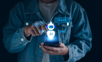 Wall Mural - ai chat bot technology concept, business man using technology smart robot ai intelligence, command p