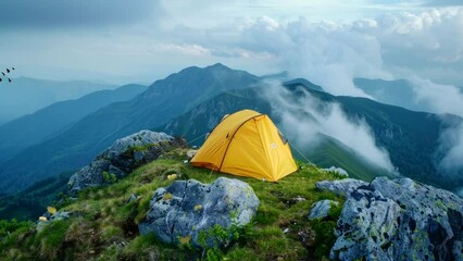 yellow camp tent on top of mountain when adventure video looping background 4k