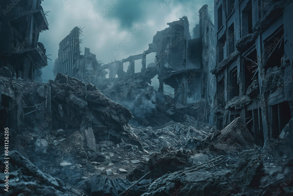 City ruins intertwined with remnants of futuristic architecture ...