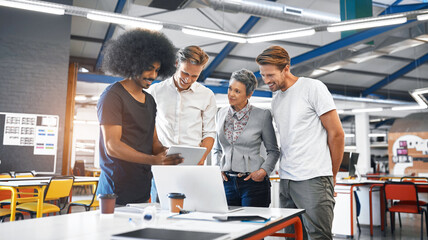 Wall Mural - Team, people and tablet with meeting in office for planning, ideas or collaboration as web design of agency growth. Smile, woman and men on digital tech for research, brainstorming or media project