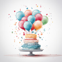 birthday cake with balloons on white background for card