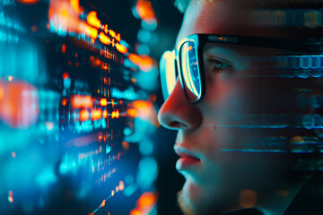 Wall Mural - Computer, code hologram and man thinking of data analysis, night cybersecurity and software coding overlay. Programmer or person in glasses reading html script, programming or cybersecurity research