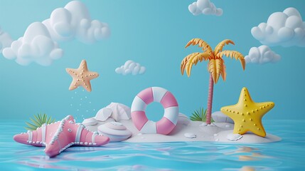 Whimsical beach scene with cartoon starfish, palm tree, and a lifebuoy on a small island surrounded by the sea and clouds. 3D Illustration.