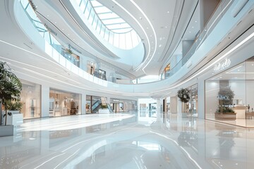 Wall Mural - A large, empty shopping mall with a white ceiling and white walls with copy space