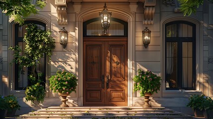 Wall Mural - A luxurious entrance with a cherry wood door and a bronze wind chime