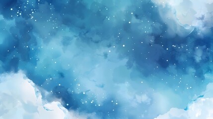 Sticker - Abstract Blue Watercolor Sky Background with White Clouds and Glitter Stars