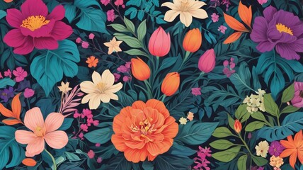 Wall Mural - Lush floral pattern with vivid flowers and leaves background Generative Ai