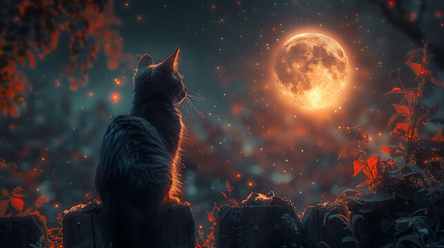  A black cat with arched back standing on a fence under a full moon.