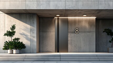 Wall Mural - A minimalist entrance with a dove grey door and a modernist house number