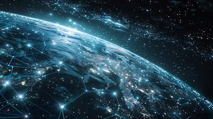 Wall Mural - Blue Network Lines on Earth for Technology Background with copy space text for website