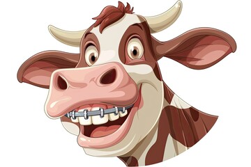 cute cartoon of cow smiling with white teeth and dental braces isolated on a white background 