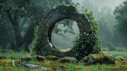 Close-up of a colossal Stargate, encased in vines and moss, set in a lush, green meadow, magical ambiance