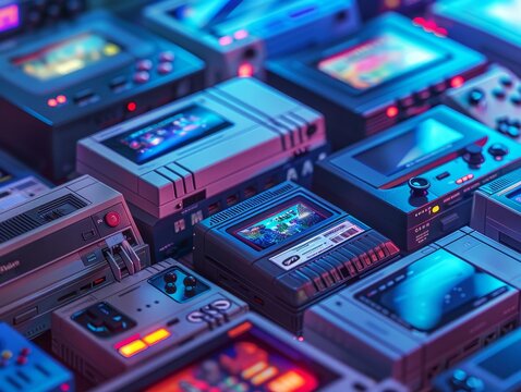 Classic cartridges, vintage gaming, blue abstract backdrop, detailed textures, retro aesthetic