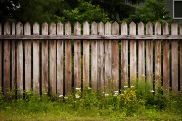 Wall Mural - Wooden fence with bunch of flowers in front of it.
