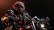 © mongkonchai - Sloth wearing a leather jacket drives a motorcycle against a black background.