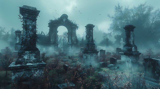  A foggy graveyard with ghostly apparitions hovering over the tombstones.