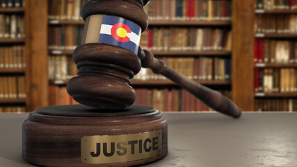 Wall Mural - Colorado Flag on Judge Hammer in Court with Word Justice. Justice System 3D Illustration