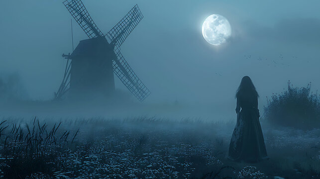  A full moon illuminating a spooky, old windmill in a foggy field.