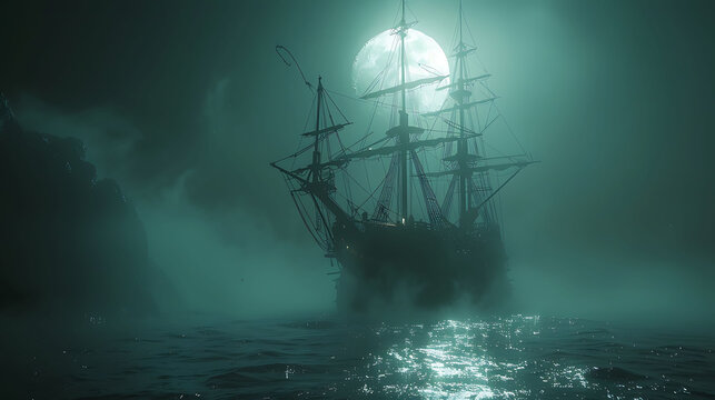  A ghost ship sailing through a foggy sea under a moonlit sky.