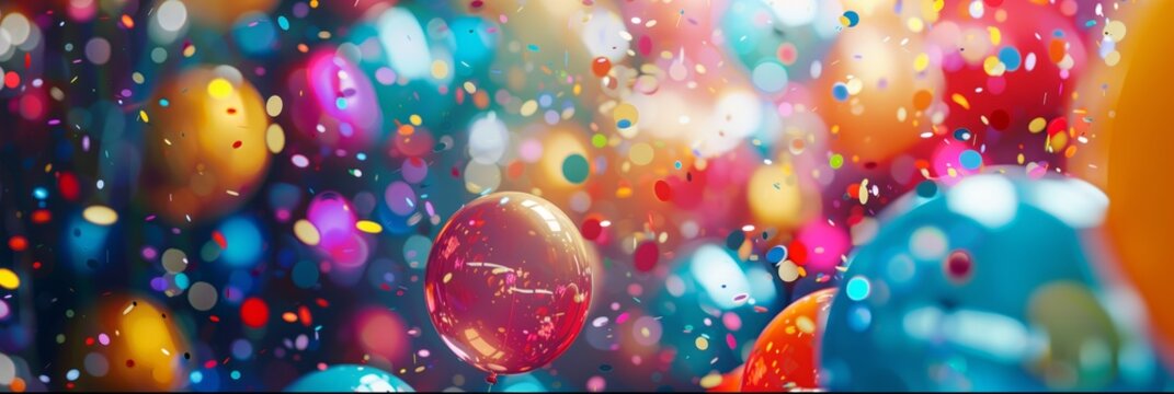 a colorful image of many balloons with a lot of confetti. the balloons are in various colors and siz