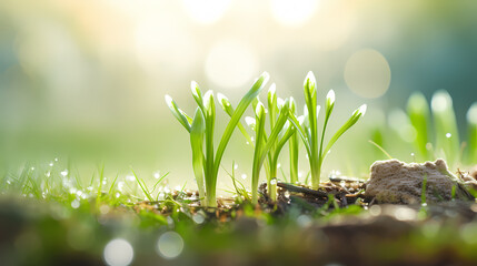 Beautiful spring background with dew drops on fresh green grass